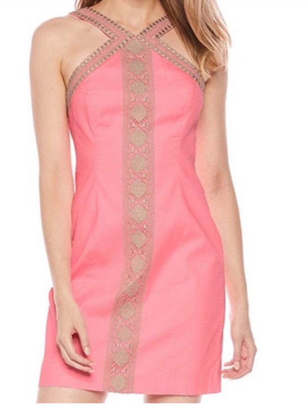 Lily Pulitzer Coral Halter Shift Dress with Gold Trim sz10🌸